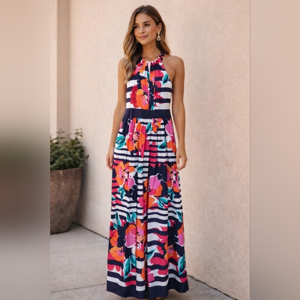 Eliza J Womenâs Multicolor Striped Floral Maxi Dress Halter Pocket Size 6